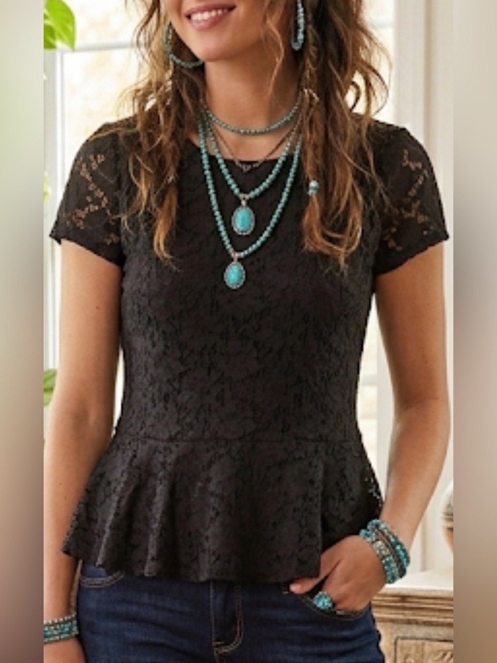 Bobeau Lace Peplum Blouse – Short Sleeve – Size Medium